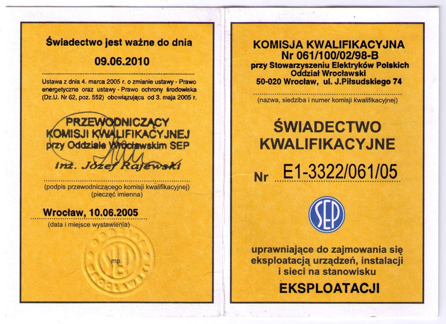 Świadectwo kwalifikacyjne SEP - awers