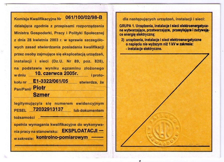 Świadectwo kwalifikacyjne SEP - rewers