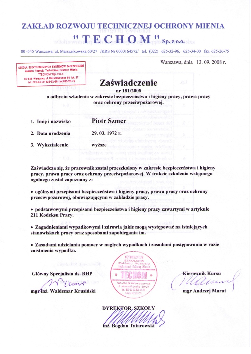Zaświadczenie Techom